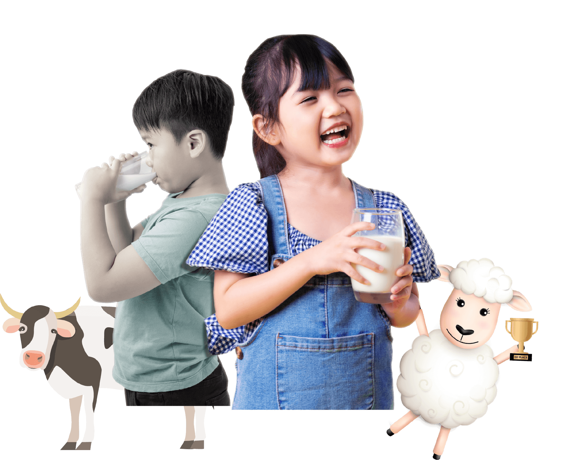 two kids holding glasses of milk, an illustration of a cow and a sheep holding an award